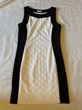 Calvin Klein Black and White Textured Midi Sheath Dress